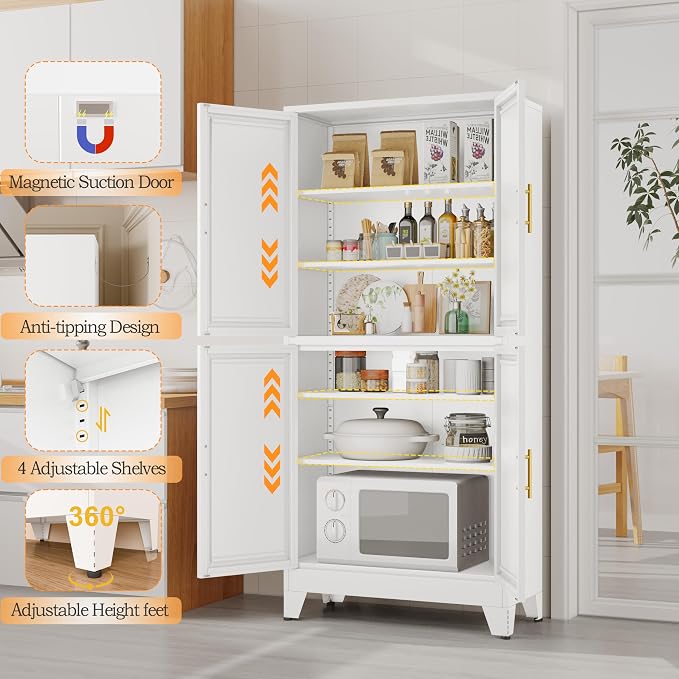 GAIOUS 75.2" Tall Metal Pantry Cabinet,White Kitchen Pantry Storage Cabinet | with 4 Doors and 4 Adjustable Shelves, Steel Storage Cabinets, Freestanding Cupboard for Kitchen Dining Living Room Bathroom