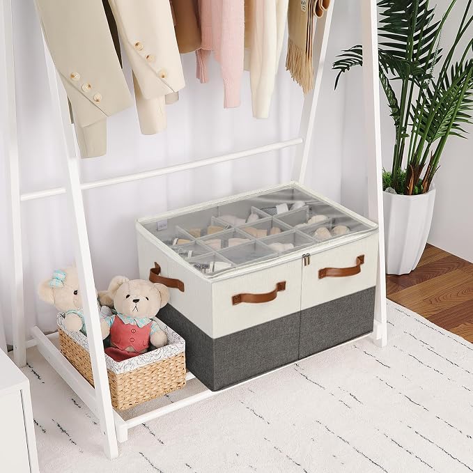 Shoe Organizer for Closet, Foldable Shoe Box with Adjustable Dividers and Clear Cover, Space Saving Shoe Storage Organizer Cabinet with Reinforced Handles, Fits 16 Pairs TP09WG