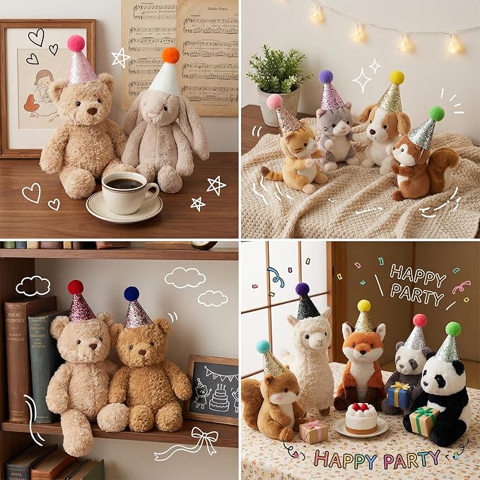 10 PCS Mini Birthday Party Hats, Mini Cone Hats with Glitter and Pom Poms for Kittens Puppies Birthday, Wedding, And Holiday Celebrations, Colorful Party Hats for Pets and Stuffed Animals