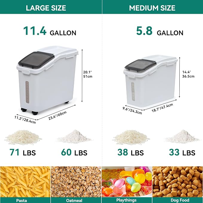 YITAHOME 65L/117lbs Rice Storage Bins, 11.4+5.8 Gal Rice Flour Storage Container with Measuring Cup,BPA Free,Scoop and Wheels for Kitchen| Flour| Pet Food| Grain,2 Counts,White & Black Lid