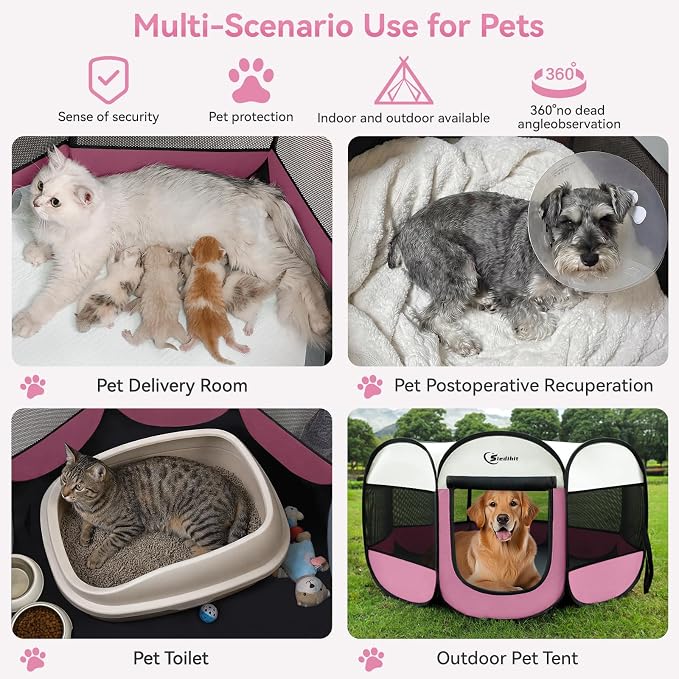 Sieidihit Dog Cat Pet Playpen Puppy Crate Cage Indoor Outdoor, Large Pink | Pet Nursing Enclosure Camping Rest Zone for Recovering Pets 600D waterproof polyester Oxford, Breathable double-layer mesh