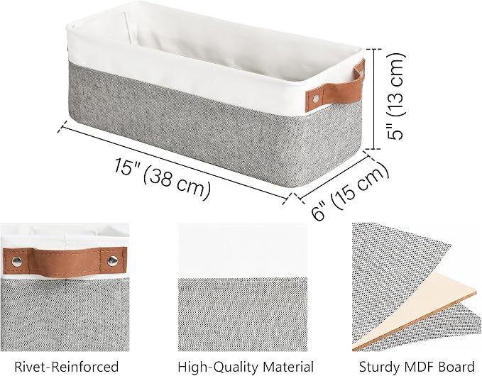StorageWorks Narrow Storage Bins, Small Baskets, Grey and White, 2-Pack | With Metal Frame, Sturdy Structure, PU Handles, Toilet Paper Storage, Long Storage Bins for Bathroom, Closet, Shelf