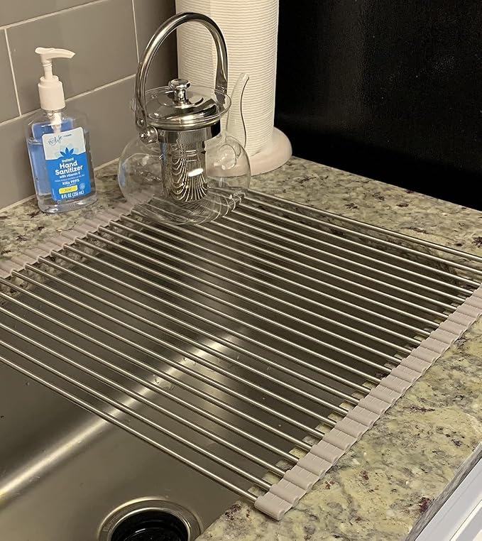 Ahyuan Roll up Dish Drying Rack Over The Sink Kitchen Roll up Sink Drying Rack Portable Dish Drainer Foldable Dish Drying Rack (Warm Gray, 17.8''X15.8'')