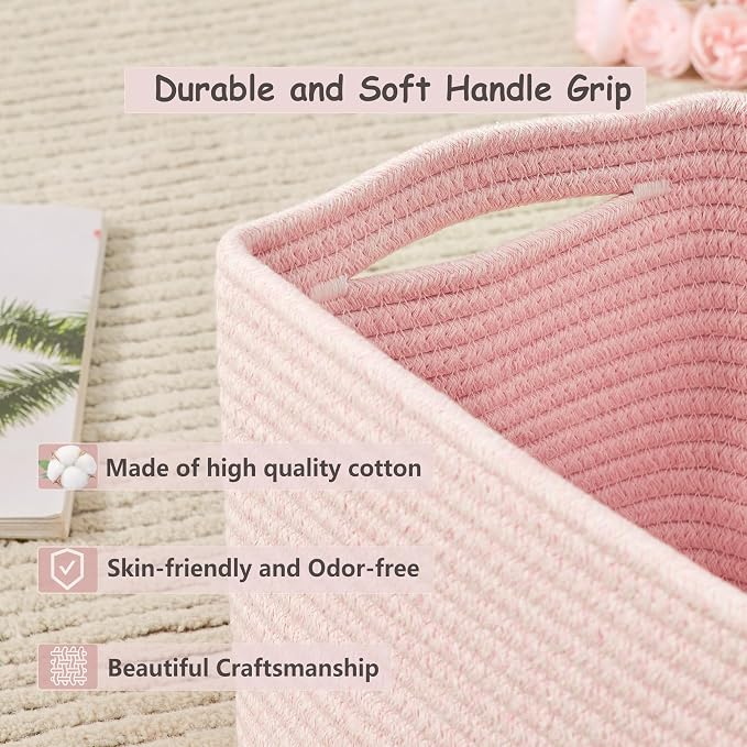 Pink Storage Basket for Shelves Woven Rope Storage Bins for Girl | Set of 4 Baskets for Organizing Rectangle Storage Basket Bins for Baby Nursery Toy Storage 12.7"L x 9"W x 7.8"H