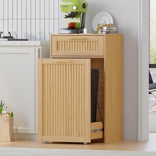 Single 13 Gallon Pull Out Trash Can Cabinet with Drawer, Garbage Cabinet | Pet Proof Hidden Trash Storage, Fluted Farmhouse Design, Space-Saving Kitchen Organizer, Dining Room Storage,Natural Oak