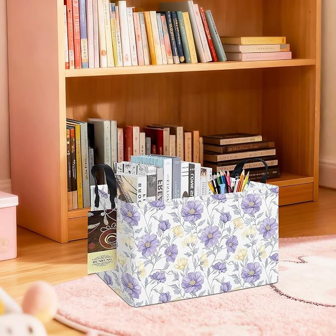 Rectangle Foldable Storage Basket Handles For Home, Purple Flowers | Waterproof canvas material, reinforced handles, perfect for shelf use, organizes clothes, daily items and pet supplies