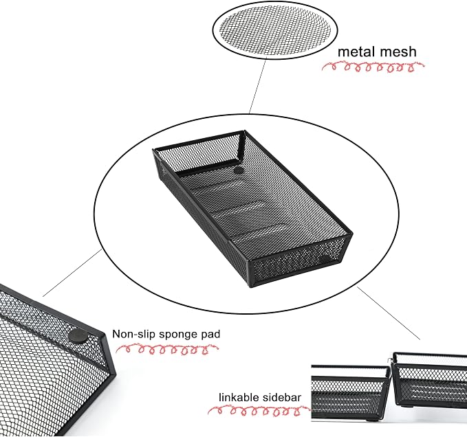 Mesh Tray Silverware Drawer Organizer, Utensil Cutlery Tray Office Supplies with Interlocking Arm Drawer Dividers Organizer for Flatware, Knives,Home,Office, School,Bedroom 12X6'' Black