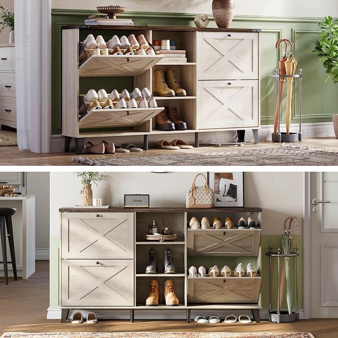 LINSY 63" Farmhouse Shoe Storage Cabinet Washed White | Tall Flip-Drawer Shoe Rack for Entryway, Adjustable Shelves for Boots, Heels & Sneakers Wood Finish with Sturdy Metal Legs