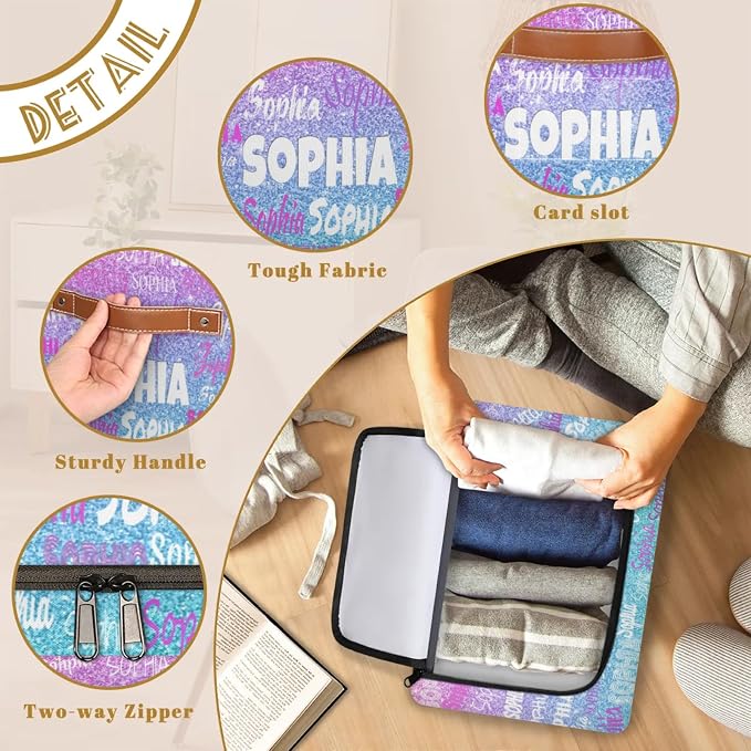 Custom Name Storage Bin with Lid Zipper, Personalized Rectangular Storage Basket with Handles for Organizing Boys Girls Toys Office Closet Shelf Baskets, Gradient Purple Blue Glitters Print
