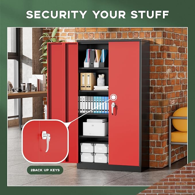 Greenvelly Metal Storage Cabinet, 72" Black Locking Metal Garage Storage Cabinet with Doors and 4 Adjustable Shelves, Lockable Steel Cabinet for Home Office, Garage, Shop, School (Red 36" W x 18" D)