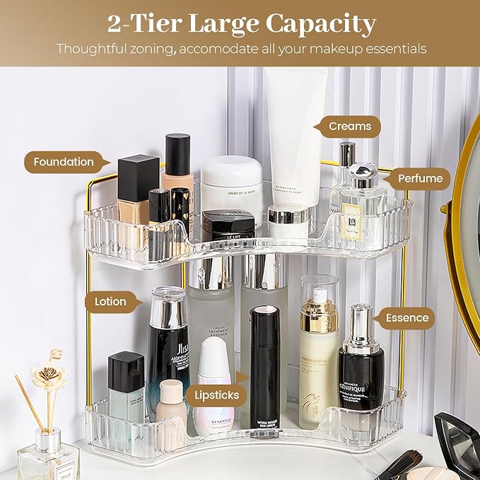Aveniee Corner Bathroom Counter Organizer, Bathroom Countertop Shelf Makeup Organizer for Vanity Perfume Tray for Corner Storage (2 Tiers, White)