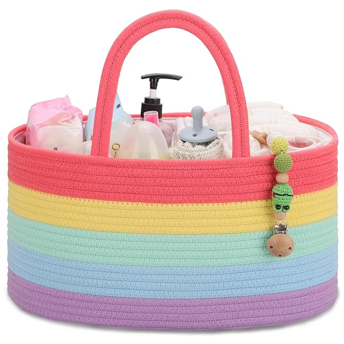 COMSE Baby Diaper Caddy Organizer with Handles, Cotton Rope, Rainbow