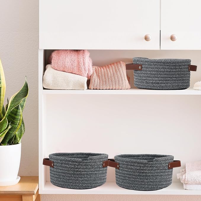 Small Woven Cotton Rope Basket with Leather Handle, Grey | Mini Round Storage Basket, Empty Gift Basket, Nursery Toy Organizer, Decorative Shelf Bin, Boho Room Decor