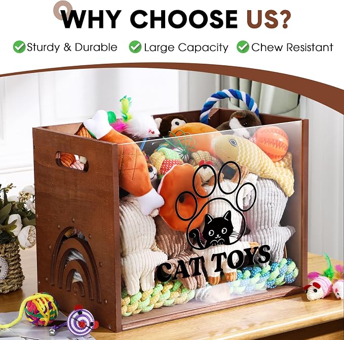 Beeveer Large Cat Toy Basket Cat Toy Box Wooden Storage Bin with Acrylic Board Storage Box for Puppy Toys Pet Food and Accessories Organizer Holder Basket for Living Room Area(Brown, Cat)