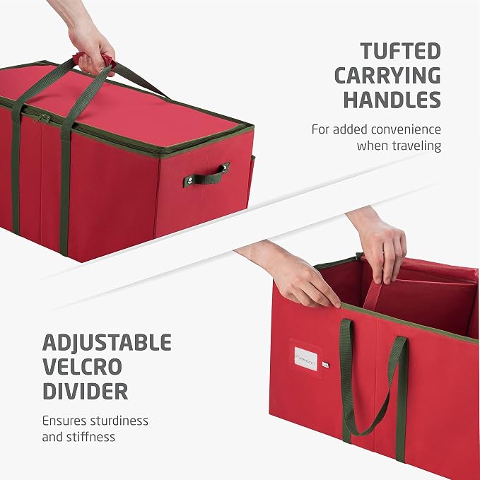 ZOBER Large Christmas Ornament Storage Box - Stores 80 3" Ornaments, With Dividers - With Large Compartment for Figurines, and Accessories, Durable Christmas Containers Holder (Red, 80-3" Ornaments)
