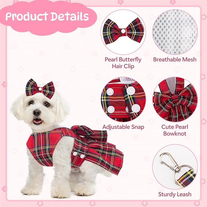 Coppthinktu Plaid Dog Dresses for Small Dogs Girl Bowknot Harness Leash Set