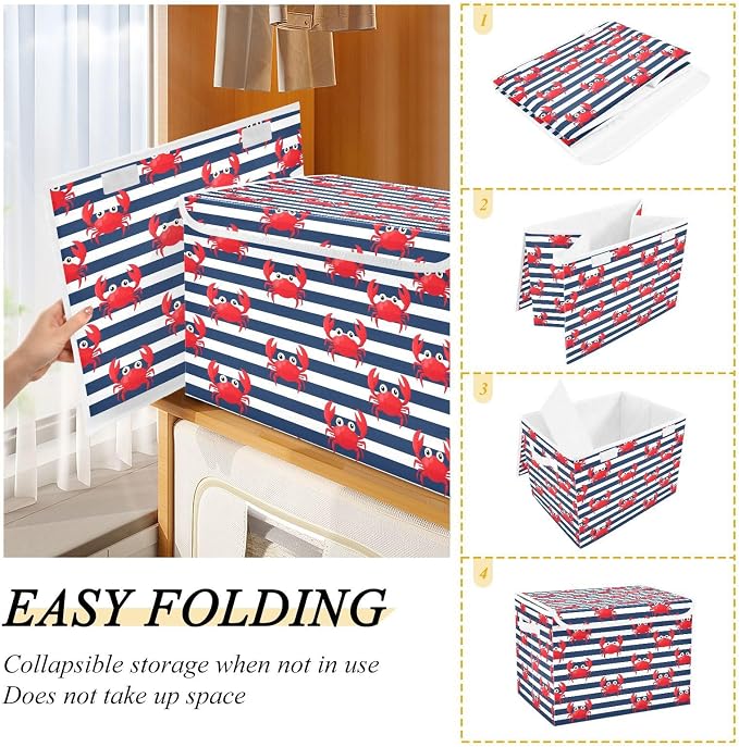 Storage Bins with Lid Crab Stripe Foldable Storage Boxes 40L Baskets | Decorative Storage Boxes, Dust-Proof Flip Top, Reinforced Handles, For Home & Bedroom, Clothes & Toy Box, Sea Fabric Print