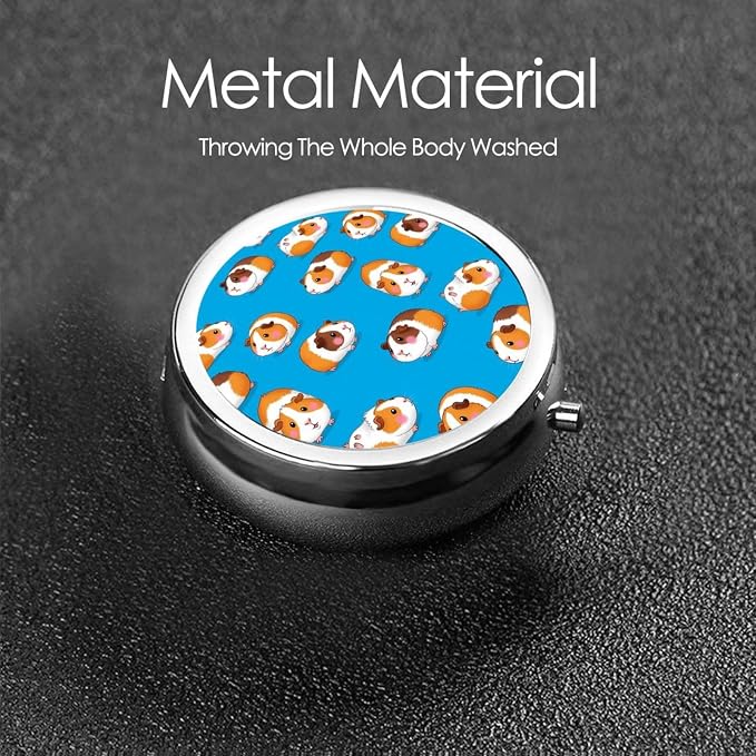 Round Pill Container, 3-Compartment Mini Organizer, Sturdy Metal Case for Medicine, Travel Pill Holder Purse Pocket Essential, Cute Cartoon Guinea Pigs
