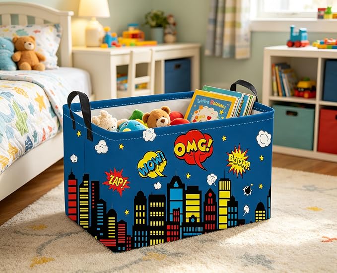 Sanjiaofeng Rectangular Blue City Hero Skyline Basket,Baby Storage Bins with Handles,Comics Hero Kid Basket,Building Silhouettes Storage Bin,Room Decor(Building)
