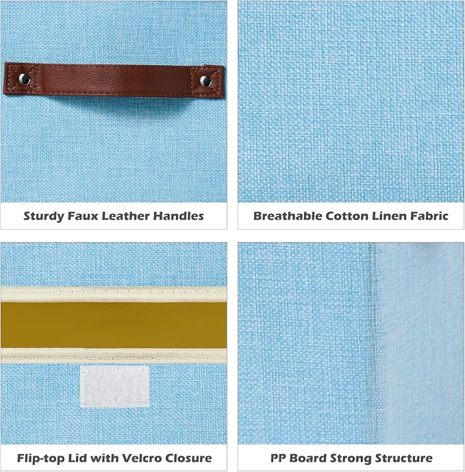 2PCS Storage Boxes with Lids Cotton Linen Fabric Bins Baskets | Decorative Collapsible Washable, Clothes Container Organizer for Closet Shelf, w/ Faux Leather Handles, Light Blue, Small