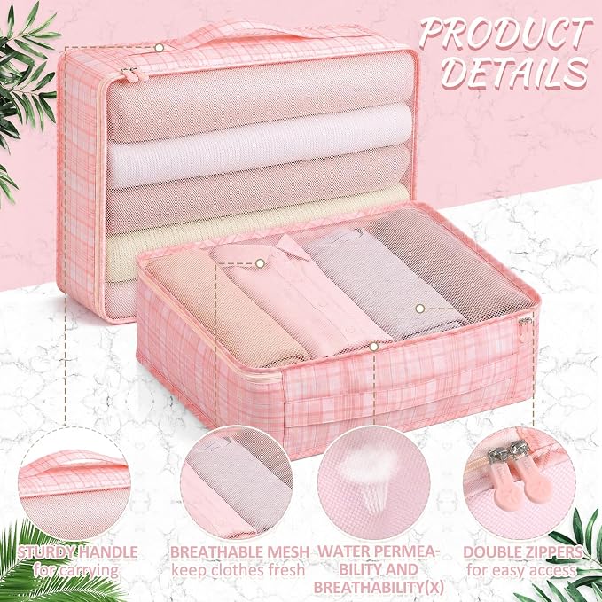Silkfly 8 Pcs XL Packing Cube for Travel Luggage,Plaid,Pink | 17.7 x 13 x 4.7, Same Size, Pink Plaid Suitcase Storage Organizer Set, Reusable Mesh Clothes Cube for Hiking Camp Family