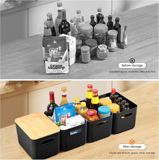 Ohmlove 4 Pack Storage Bins with Bamboo Lids,Stackable Box for Organization | Plastic Storage Containers with Handle, Storages Baskets for Organizing Desktop Closet Playroom Classroom Office, Black