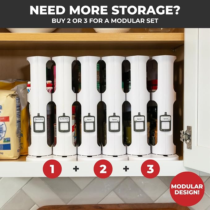 Spice Rack Organizer for Cabinet, Pull & Rotate, 2-Tier | Double-Decker Shelves, 10.8"H x 5.25"W x 10.8"D, Modular Side-By-Side, Non-Skid Feet, Stick-On Labels, Sturdy Build