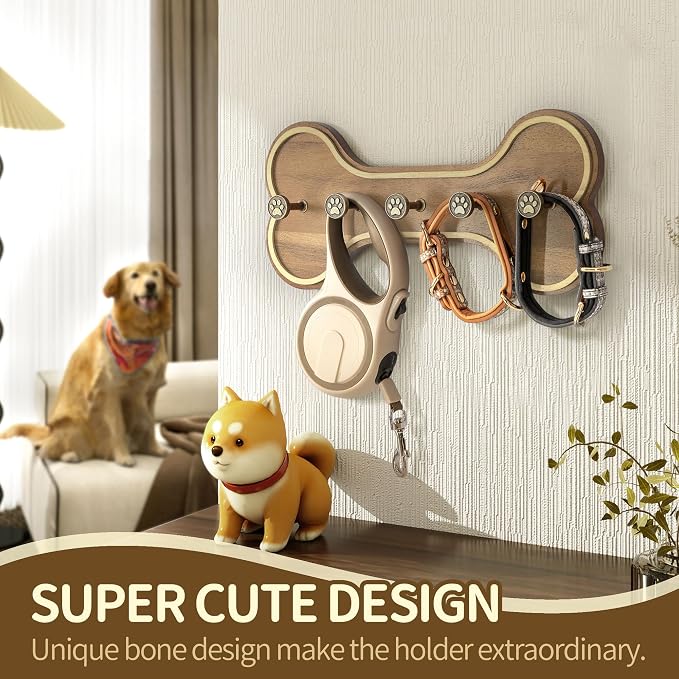 MTERSN Acacia Wood Dog Leash Holder Wall Mount with 3D Paws Hooks, Brown | Dog Bone Shape Dog Leash Holder for Wall, Key Holder Wall Mount, Cute Stuff for Pet Lover Gifts, Leash and Key Holder