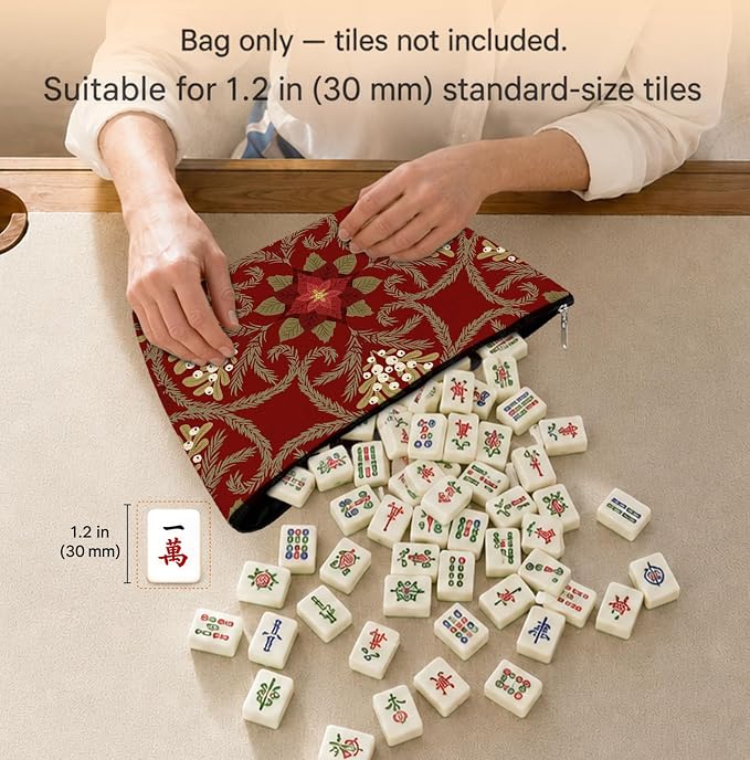 Vintage Red Floral Empty Mahjong Tile Bag 13x7.8 Inch, | Chinoiserie Printed Portable Travel Case Organizer Zipper Pouch for American Mahjong Tiles Game Night Accessories and Gifts