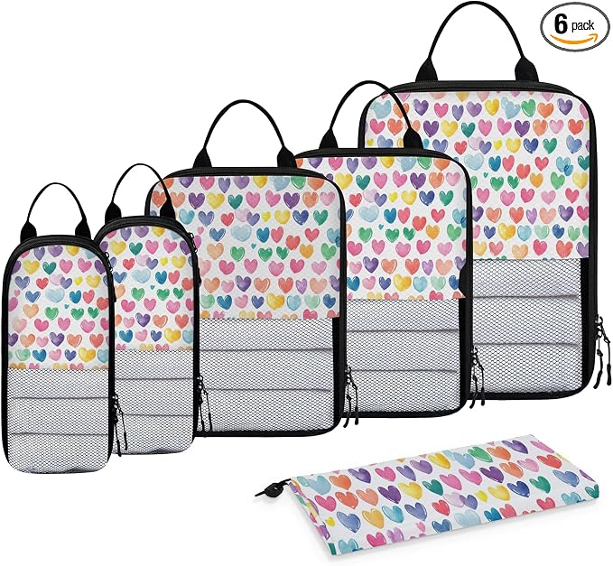 Love Hearts 6 Set Compression Packing Cubes Cute Hearts Expandable Packing Organizer for Travel Accessories Luggage Suitcase Bag