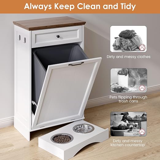 NEWOWNDS Tilt Out Trash Can Cabinet 10 Gallon Hidden Trash Garbage Can Cabinet with Drawer,Pet Proof Hidden Garbage for Kitchen,Laundry Bathroom (White, Single Door)
