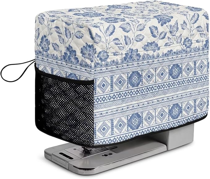 Sewing Machine Cover Polyester Febric Blue White Floral Ethnic | Dust Pet Hair Protection,Quilting Design,Fits Standard Singer,Brother Janome Machines,Protecting Decorating Your Sewing Space