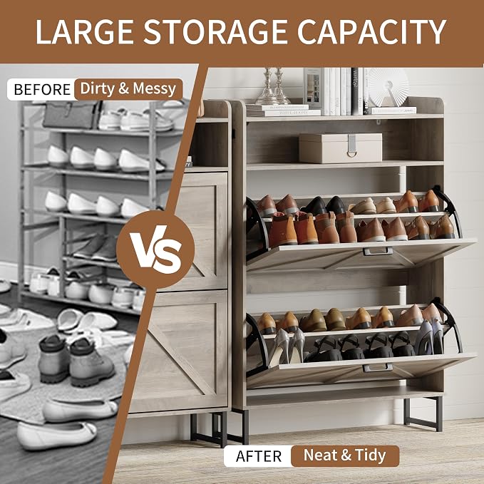 Xixini Shoe Storage Cabinet with 2 Flip Drawers, Entryway Shoe Rack, Grey | Freestanding Narrow Shoe Storage, Hidden Slim Wood Shoe Organizer, Modern Farmhouse, Open Storage & Hooks for Closet, Hallway