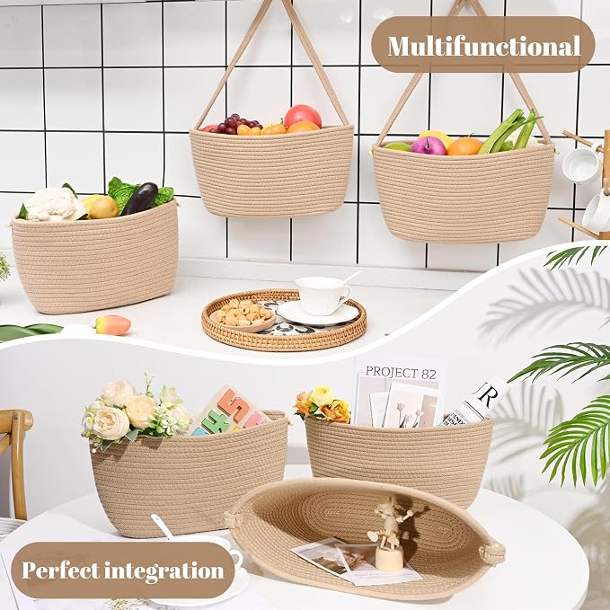Hanging Basket, 3-Tier Woven Wall Basket with 4 Hooks, Cotton Rope Storage Baskets, Over the Door Organizer for Nursery, Bedroom, Cottage and Boho Wall Decor