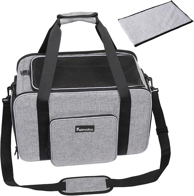 Petmolico Cat Carrier Soft-Sided Airline Approved, Medium, Grey-X863 | For small/medium cats & puppies up to 16 lbs, 3 open doors, travel-friendly pet bag