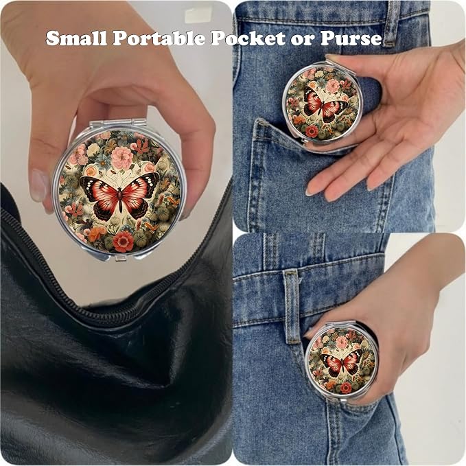 Small Pill Box 3 Detachable Compartments Pill Case with Mirror 2.4inches Pocket Round Medicine Organizer, Mini Portable Pill Organizer for Pocket Purse& Travel Convenience-Butterfly Flower Red