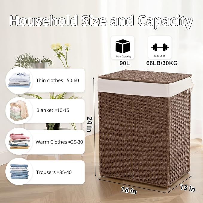 OIAHOMY Laundry Hamper with Lid, 90L(23.8 Gal) Large Wicker Laundry Basket for Bedroom, Handwoven Paper Rope Clothes Hamper with Washable Liner & Metal Frame, Decorative Organizer for Bathroom Brown