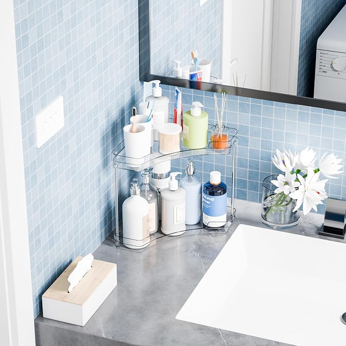 2 Tier Corner Bathroom Counter Organizer,Clear Sink Shelf,Bathroom Corner Organizer and Storage for Restroom,Vanity Countertop,Two Tier Small Sink Organizers & Rack for Makeup,Beauty Product