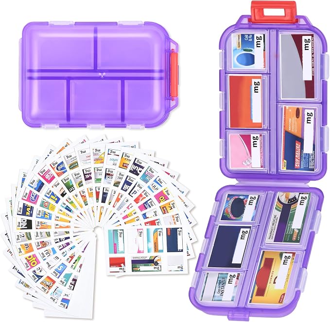 Large Medicine Pill Organizer with 189 Labels, 10 Compartments Purse Pill Case Travel Medicine Organizer Essentials Travel Daily Pill Container (Purple, 1 Pack)