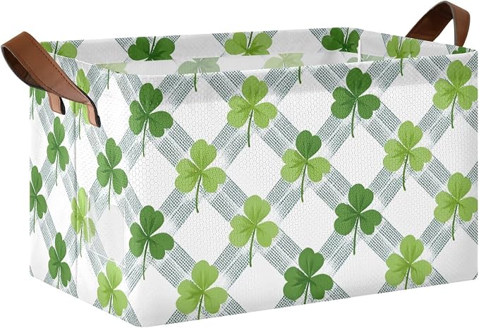Plaid Shamrock Clover St Patricks Day Storage Basket Foldable Cube Storage Bins with Handles&Label Waterproof Organizer Box Bin Large Rectangle Decorative Baskets for Shelves Home Room Laundry