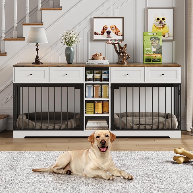 GarveeHome 82" Double Dog Crate Furniture with Drawers and Shelves, White | Heavy Duty Wooden Dog Crate TV Stand, Large Dog Kennel Indoor for 2 Medium/Large Dogs