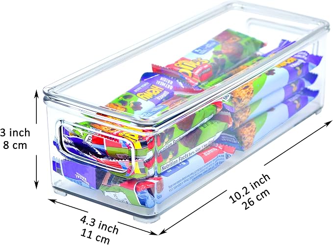 Youngever 2 Pack Stackable Plastic Storage Organizer Container Bins with Lids, 10" x 4" x 3", Stackable Storage Bins with Handler for Refrigerator, Pantry