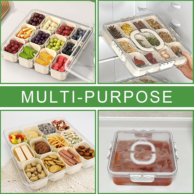 Large Snackle Box Snack Containers with Lids, 2 Pcs Divided Serving Tray | Portable Snack Platter Fruit Veggie Tray Snackele Box Container for Charcuterie, Party, Snack, Nuts, Beach, Travel, Picnic