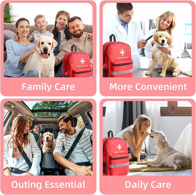 First Aid Bag Empty 4-Piece Set with Large First Aid Backpack, 2 Portable Pouches & Carry Medical Bag for Pet, Car, Travel, Camping, Emergency Supplies Storage (Red Gray)