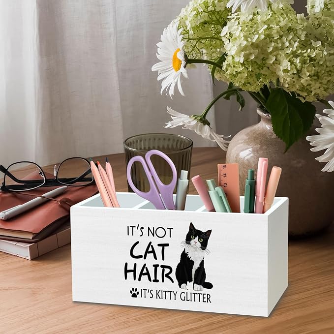 DILSJ Funny Tuxedo Cat Pen Pencil Holder Organizer for Desk, Tuxedo Cat Lovers Gifts for Women Men, Gifts for Pet Lovers, Funny Kitten Wooden Box Signs for Home Office Desk Tabletop Decoration