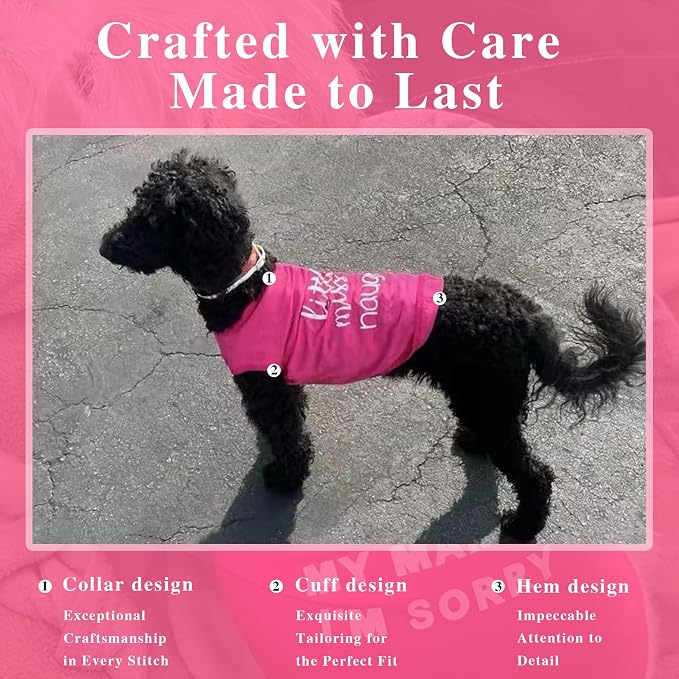 Pink Cotton Dog Shirt with 'Little Miss Naughty' Bee Print, Soft & Breathable Pet Apparel for Small to Large Dogs, All-Season Sleeveless Vest, Cute and Comfortable Dog Outfit.Pink M