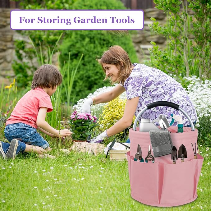 17L Portable Shower Caddy with 6 Side Pockets, Foldable Cleaning Supply Caddy with Handle, Garden Tool Bag in 600D Oxford Fabric, Multifunctional Storage Basket for Showers, Picnics, Pink