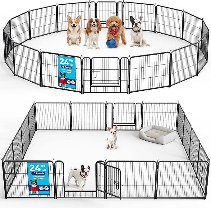 Metal Dog Playpen - 24" Height 16 Panels Foldable Exercise Pen for Dogs Indoor/Outdoor Pen with Door for Puppy Portable Pet Playpen Polygon Dog Enclosure (Black)