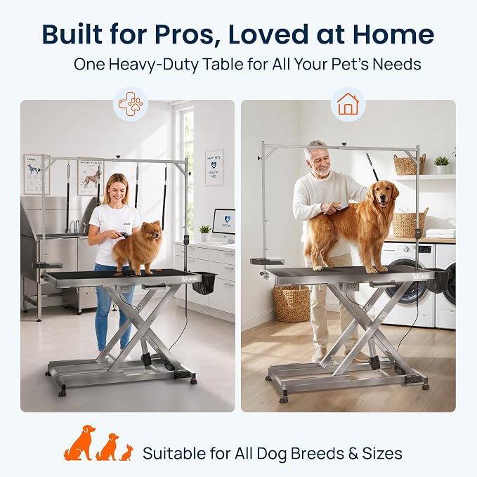 49" Professional Electric Dog Grooming Table, 304 Steel, Heavy Duty | Adjustable Table for Pet Grooming, 10-40in Quiet Lift, Grooming Arm, AC/USB Power Hub, Anti-Slip Surface, Leveling Wheels