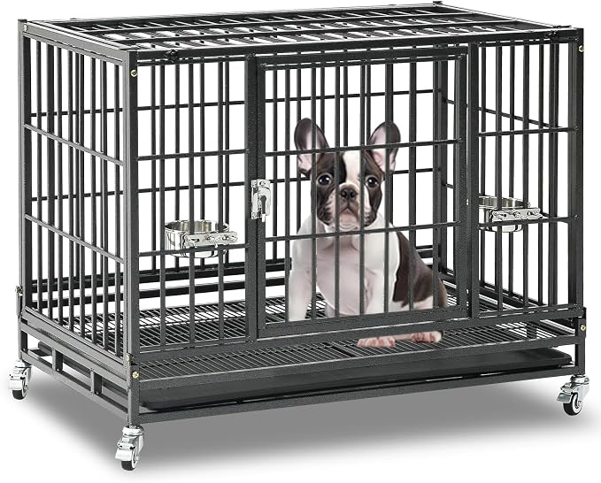 Homey Pet 37 Inch Heavy Duty Dog Crate for Medium Dogs | Stackable Dog Cage Kennel with Four Lockable Wheels, Removable Tray & Grid, Open Top, Escape Proof Dog Kennel Indoor